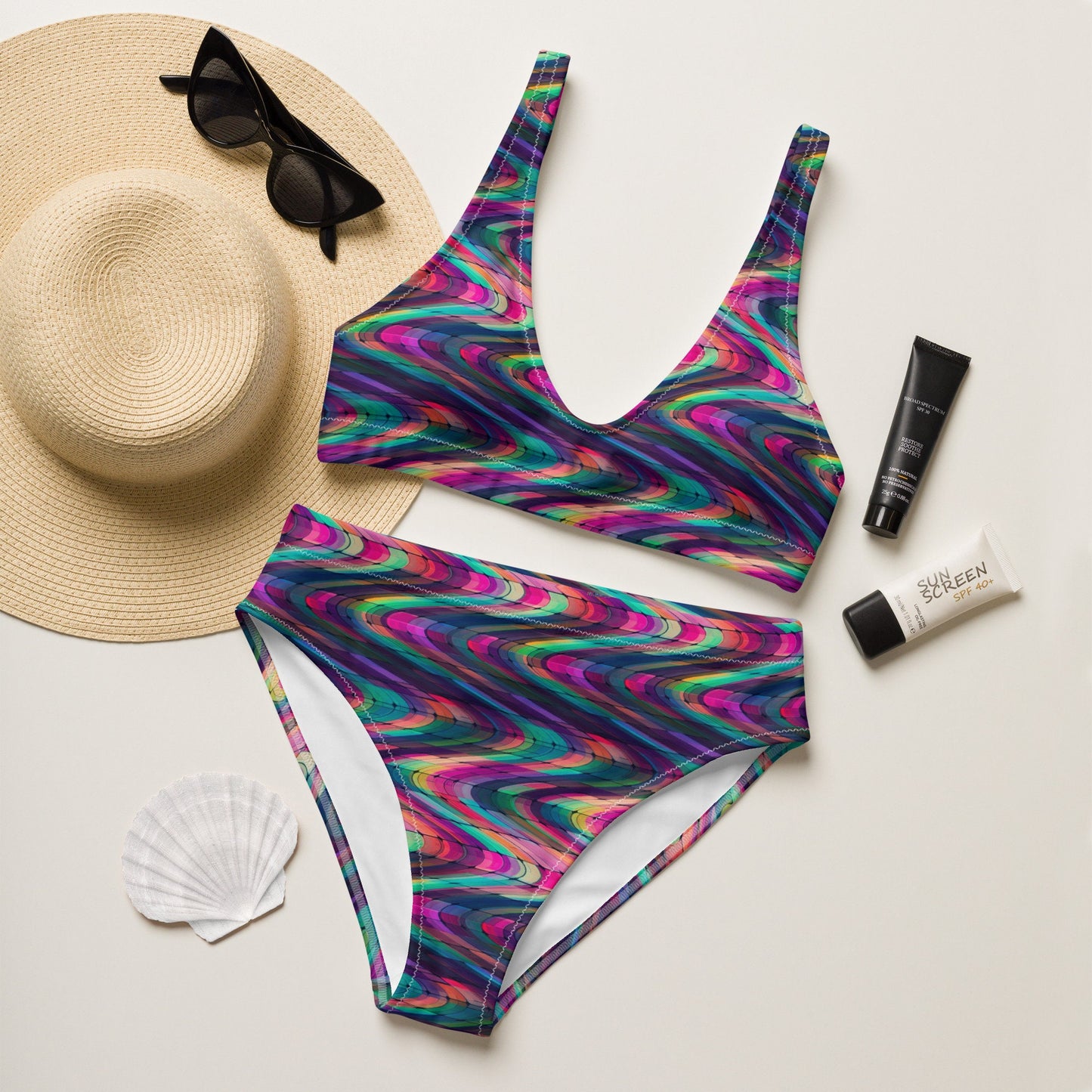 Small Glass Tile Waves Recycled high-waisted bikini