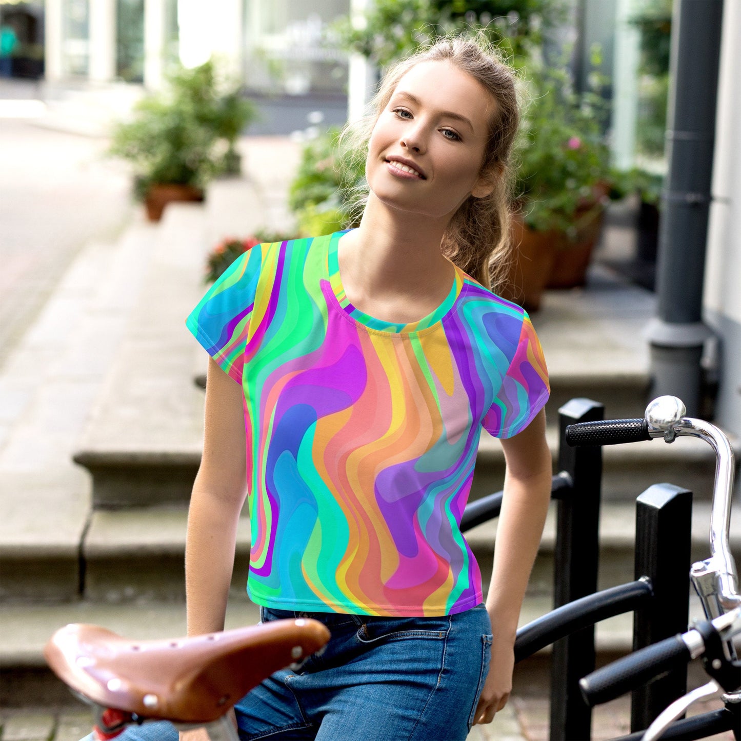 Prismatic Flow Paint Swirls All-Over Print Crop Tee