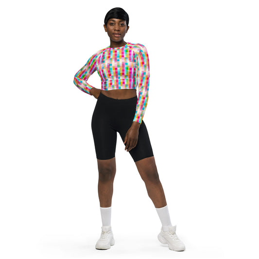 Chromatic Beach Girl Squares Recycled long-sleeve crop top